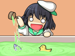 Rule 34 | 1girl, artist request, black hair, blank eyes, chibi, hat, ladle, murasa minamitsu, open mouth, rubber duck, sailor hat, sinking, touhou, toy boat