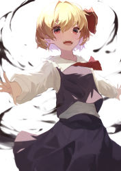 Rule 34 | 1girl, :d, absurdres, blonde hair, blouse, hair between eyes, hair intakes, highres, kettle (4693-42), long sleeves, miniskirt, necktie, open mouth, outstretched arms, purple skirt, purple vest, red eyes, red necktie, rumia, shirt, short hair, short necktie, simple background, skirt, smile, solo, standing, touhou, vest, white background, white shirt