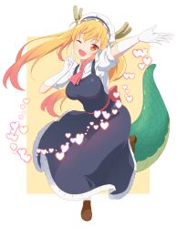 Rule 34 | 1girl, ;d, absurdres, arm up, ascot, blonde hair, border, bow, breasts, dragon girl, dragon horns, dragon tail, dress, fang, floating hair, frills, full body, gloves, gradient hair, green tail, heart, highres, horns, index finger raised, kobayashi-san chi no maidragon, large breasts, looking at viewer, maid, maid headdress, multicolored hair, one eye closed, open mouth, orange eyes, outstretched arm, pinafore dress, puffy short sleeves, puffy sleeves, red ascot, short sleeves, sleeveless dress, slit pupils, smile, solo, standing, standing on one leg, tail, tohru (maidragon), tuyuri, twintails, waist bow, white border, white gloves, wing collar