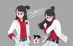 Rule 34 | 1girl, asymmetrical hair, belt, belt buckle, black hair, blazer, blunt bangs, buckle, carnation, character name, chibi, clenched hands, closed mouth, collared shirt, copyright name, cosplay, diooksan, floating hair, flower, grey background, hand in pocket, helltaker, helltaker (character), highres, jacket, kagari atsuko, little witch academia, long hair, long sleeves, multiple views, oksandio, pants, parted lips, red eyes, red shirt, serious, shirt, shirt tucked in, short ponytail, simple background, smile, sunglasses, teeth, twitter username, upper body, v-shaped eyebrows, white jacket, white pants