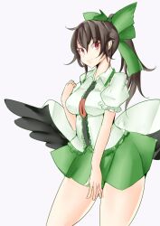 Rule 34 | 1girl, bird wings, black wings, bow, breasts, cape, center frills, closed mouth, collared shirt, frills, green bow, green skirt, hair bow, highres, jyaoh0731, large breasts, long hair, looking at viewer, one-hour drawing challenge, ponytail, red eyes, reiuji utsuho, shirt, simple background, skirt, smile, solo, standing, third eye, touhou, white background, white cape, white shirt, wings