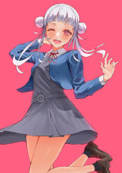 Rule 34 | 1girl, ;), absurdres, arashi chisato, artist name, artist request, bare legs, belt, black socks, blue cardigan, blue jacket, blush, bow, bowtie, breasts, brown footwear, buttons, cardigan, collared shirt, cropped jacket, double bun, dress, dress shirt, female focus, floating hair, full body, grey belt, grey shirt, grey skirt, hair bun, hair tie, highres, jacket, long hair, long sleeves, looking at viewer, love live!, love live! superstar!!, miniskirt, nail, nail polish, neck ribbon, notinversion, o-ring, o-ring belt, one eye closed, parted lips, pinafore dress, pink background, pink eyes, pink nails, plaid, plaid skirt, pleated, pleated skirt, red bow, red eyes, red ribbon, ribbon, school uniform, shirt, shoes, skirt, sleeveless dress, small breasts, smile, socks, solo, twintails, wavy hair, white hair, white shirt, wing collar, wink, yuigaoka school uniform