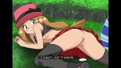 Rule 34 | 1girl, anus, bar censor, black shirt, black thighhighs, blonde hair, blue eyes, breasts, censored, clothes lift, creatures (company), cum, cum in pussy, cum pool, english text, franberyll, game freak, hat, hetero, long hair, nintendo, nipples, outdoors, penis, pleated skirt, pokemon, pokemon xy, pussy, red skirt, serena (pokemon), sex, shirt, shirt lift, skirt, sleeveless, sleeveless shirt, small breasts, text focus, thighhighs, vaginal