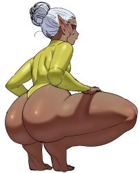 Rule 34 | 1girl, absurdres, ass, bare legs, barefoot, breasts, curvy, dark-skinned female, dark skin, elf-san wa yaserarenai., from behind, highres, huge ass, kuroeda-san, leotard, long hair, looking at viewer, looking back, medium breasts, mole, mole under eye, pointy ears, ponytail, profile, red eyes, scrunchie, shiny skin, silver hair, simple background, solo, squatting, synecdoche, thick thighs, thighs, white background, yellow leotard