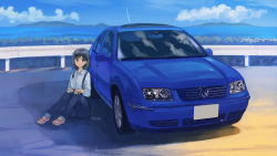 Rule 34 | 1girl, black eyes, black hair, blue pants, blue sky, car, closed mouth, cloud, commentary request, day, guard rail, highres, license plate, long sleeves, momo hiki, motor vehicle, mountainous horizon, ocean, original, outdoors, pants, personification, shirt, short hair, sitting, sky, smile, solo, vehicle focus, volkswagen, volkswagen bora, white shirt