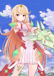 Rule 34 | 1girl, armor, blonde hair, blue sky, closed mouth, cloud, cloudy sky, commission, dress, earrings, elbow gloves, gloves, highres, holding, holding sword, holding weapon, jewelry, long hair, looking at viewer, mikoko1, mythra (xenoblade), outdoors, pauldrons, shoulder armor, skeb commission, sky, smile, solo, sword, tiara, weapon, white dress, white gloves, xenoblade chronicles (series), xenoblade chronicles 2, yellow eyes
