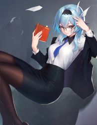 Rule 34 | 1girl, absurdres, alaskastomatoez, alternate costume, black-framed eyewear, black skirt, blazer, blue necktie, book, breasts, brown pantyhose, eula (genshin impact), genshin impact, hairband, half-closed eyes, hand up, highres, holding, holding book, jacket, long sleeves, medium breasts, necktie, off shoulder, office lady, open clothes, pantyhose, parted lips, pencil skirt, reading, skirt, solo, yellow eyes