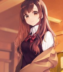 Rule 34 | 1girl, blazer, brown eyes, brown hair, classroom, closed mouth, collared shirt, evening, indoors, jacket, long hair, looking at viewer, open clothes, open jacket, original, rimo, school, shirt, smile, solo, sweater vest, upper body, wavy hair, white shirt