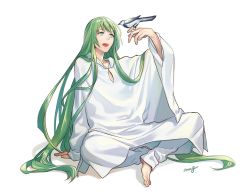 Rule 34 | 1boy, :d, amg (nwmnmllf), androgynous, arm support, bad id, bad twitter id, barefoot, bird, bird on hand, commentary request, enkidu (fate), fate/grand order, fate/strange fake, fate (series), green eyes, green hair, hand up, long hair, long sleeves, male focus, open mouth, robe, signature, simple background, sitting, smile, solo, toenails, very long hair, white background, white robe