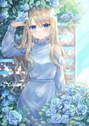 Rule 34 | 1girl, bad id, bad twitter id, bare shoulders, blonde hair, blue eyes, blue sky, blush, dappled sunlight, day, dress, flower, fujimori shiki, garden, hand up, highres, long hair, looking at viewer, original, outdoors, sky, smile, solo, sunlight