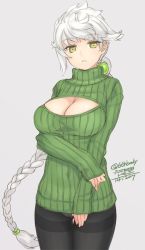 Rule 34 | 10s, 1girl, black pantyhose, braid, breasts, cleavage, cleavage cutout, clothing cutout, crotch seam, jpeg artifacts, kantai collection, large breasts, long hair, looking at viewer, meme attire, open-chest sweater, panties, panties under pantyhose, pantyhose, ribbed sweater, rokuwata tomoe, simple background, solo, standing, sweater, thighband pantyhose, turtleneck, underwear, unryuu (kancolle), white hair, yellow eyes