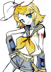 Rule 34 | 1girl, belt, black sailor collar, black shorts, black sleeves, blonde hair, blue eyes, bow, closed mouth, colored skin, commentary, detached sleeves, flat chest, hair bow, hair ornament, hairclip, highres, kagamine rin, medium hair, neckerchief, sailor collar, sailor shirt, shimeji (user fkzg7225), shirt, shorts, simple background, sketch, sleeveless, sleeveless shirt, smile, solo, vocaloid, white background, white bow, white headphones, white shirt, white skin, yellow belt, yellow neckerchief