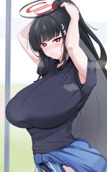 Rule 34 | black hair, blue archive, breasts, buruma, clothes around waist, gym uniform, highres, large breasts, lengkuass, long hair, looking at viewer, ponytail, red eyes, rio (blue archive)