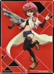 Rule 34 | 00s, 1girl, boots, brown hair, cisqua, elemental gelade, gun, highres, midriff, non-web source, one eye closed, red eyes, scan, scan artifacts, short hair, solo, thighhighs, weapon, wink