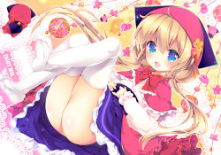 Rule 34 | 1girl, :d, artist name, ass, bell, blonde hair, blue eyes, blush, bow, bowtie, capelet, center frills, commentary request, enjoy mix, fang, feet, flower, frilled capelet, frilled skirt, frilled sleeves, frills, full body, hair between eyes, hands on own stomach, high-waist skirt, hood, hood up, hooded capelet, jingle bell, lace, lace background, legs up, long hair, long sleeves, looking at viewer, low twintails, lying, no shoes, on back, open mouth, original, overskirt, purple skirt, red bow, red capelet, shirt, skirt, smile, solo, stuffed animal, stuffed cat, stuffed toy, thighhighs, twintails, white shirt, white thighhighs