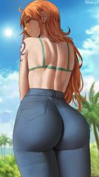 Rule 34 | 1girl, absurdres, ass, bikini, bikini top only, blue pants, blue sky, closed mouth, cloud, come hither, day, denim, female focus, from behind, green bikini, high-waist pants, highres, huge ass, jeans, long hair, looking at viewer, matching hair/eyes, nami (one piece), naughty face, one piece, orange eyes, orange hair, outdoors, pants, patreon username, shexyo, shoulder tattoo, sky, smile, solo, sun, swimsuit, tattoo