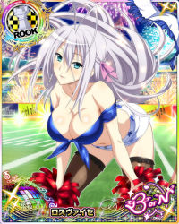 Rule 34 | 10s, 1girl, antenna hair, blue eyes, breasts, card (medium), character name, cheerleader, chess piece, cleavage, fireworks, hair ribbon, high school dxd, high school dxd infinity, large breasts, long hair, official art, pom pom (cheerleading), ribbon, rook (chess), rossweisse, silver hair, smile, solo, trading card, very long hair