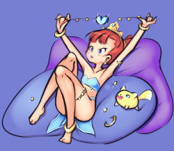 Rule 34 | 2girls, animal, anklet, armlet, beads, blue background, blue eyes, blue shirt, blue skirt, blush, breasts, brown hair, collarbone, crown, dancer, digimon, digimon tamers, drantyno, earrings, fox, hair bun, harem outfit, heart, heart necklace, holding, jewelry, looking up, lying, makino ruki, midriff, multiple girls, necklace, open mouth, pillow, pokomon (digimon), purple eyes, ring, shirt, single hair bun, skirt, small breasts, smile, strapless, tail, teeth, thighlet, tube top, yellow fur