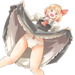 Rule 34 | 1girl, arnest, ascot, black skirt, blonde hair, blush, clothes lift, commentary request, fang, hair ribbon, highres, lifted by self, long sleeves, looking at viewer, open mouth, panties, puffy long sleeves, puffy sleeves, red ascot, red eyes, red ribbon, ribbon, rumia, short hair, simple background, skirt, skirt lift, smile, solo, standing, thighs, touhou, underwear, white background, white panties
