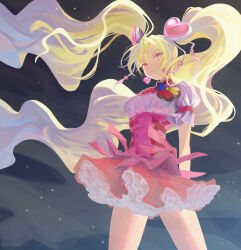 Rule 34 | 1girl, arms at sides, blonde hair, breasts, cowboy shot, cure peach, determined, dress, earrings, ffgghhjj, frilled dress, frills, frown, hair ornament, heart, heart earrings, heart hair ornament, highres, jewelry, long hair, looking at viewer, magical girl, medium breasts, night, night sky, orange eyes, pink corset, pink dress, precure, puffy short sleeves, puffy sleeves, short dress, short sleeves, sky, solo, standing, thighs, twintails, two-tone dress, underskirt, very long hair