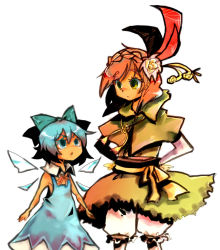 Rule 34 | 2girls, bad id, bad pixiv id, blue eyes, blue hair, cirno, dress, female focus, k no hito, multiple girls, plant, red hair, short hair, touhou, white background, wings, yellow eyes