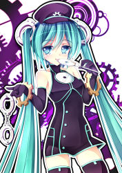 Rule 34 | 1girl, alternate costume, aqua hair, blue eyes, cd, cuffs, elbow gloves, fork, gears, gloves, handcuffs, hat, hatsune miku, highres, kouusagi, long hair, peaked cap, project diva (series), project diva f, sadistic music factory (vocaloid), solo, thighhighs, tongue, twintails, very long hair, vocaloid