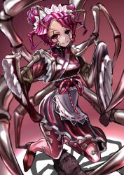 Rule 34 | 1boy, 1girl, absurdres, antennae, apron, arthropod girl, arthropod limbs, black kimono, bow, breasts, clenched teeth, closed mouth, commentary, crying, crying with eyes open, double bun, drooling, entoma vasilissa zeta, extra pupils, fangs, girl on top, hair bun, highres, implied pantyshot, japanese clothes, kimono, loafers, looking at viewer, maid, maid headdress, medium breasts, monster girl, ofuda, ofuda on clothes, overlord (maruyama), pantyhose, pink background, pink bow, pink hair, pink pantyhose, pink ribbon, red eyes, ribbon, ribbon-trimmed apron, ribbon-trimmed sleeves, ribbon trim, scar, scar across eye, shadow, shoes, short hair, simple background, skin fangs, sleeves past wrists, smile, tears, teeth, viride, white apron