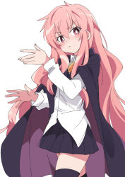 Rule 34 | 1girl, black cape, black skirt, black thighhighs, cape, hair between eyes, ixy, long hair, looking at viewer, louise francoise le blanc de la valliere, pink eyes, pink hair, pleated skirt, shirt, simple background, skirt, solo, thighhighs, tokimeki tonight, white background, white shirt, zero no tsukaima