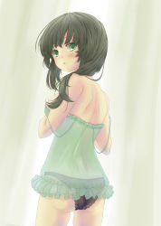 Rule 34 | 1girl, ass, assault lily, babydoll, bare arms, bare shoulders, black hair, black panties, blush, commentary request, cowboy shot, curtains, frilled babydoll, frills, from behind, green babydoll, green eyes, hair down, hair over shoulder, hands up, hifumi0413, highres, long hair, looking at viewer, looking back, panties, parted lips, see-through, shoulder blades, solo, spaghetti strap, standing, strap slip, underwear, underwear only, wang yujia, white background