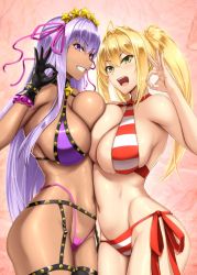 Rule 34 | 2girls, akitsuki karasu, asymmetrical docking, bb (fate), bb (fate) (all), bb (swimsuit mooncancer) (fate), bb (swimsuit mooncancer) (second ascension) (fate), bikini, black gloves, blonde hair, blush, breast press, breasts, commentary request, dark-skinned female, dark skin, docking, fate/grand order, fate (series), fellatio gesture, gloves, green eyes, grin, hair ornament, large breasts, long hair, looking at viewer, multiple girls, navel, nero claudius (fate), nero claudius (fate) (all), nero claudius (swimsuit caster) (fate), open mouth, parted lips, purple bikini, purple eyes, purple hair, shiny skin, side-tie bikini bottom, sideboob, smile, striped bikini, striped clothes, swimsuit, teeth, twintails