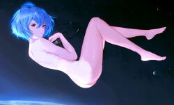 Rule 34 | 1girl, absurdres, ass, ayanami rei, barefoot, blonde hair, chinese commentary, closed mouth, commentary, completely nude, earphones, from side, full body, hair between eyes, highres, neon genesis evangelion, nude, red eyes, short hair, shoulder blades, solo, user ewnk8557