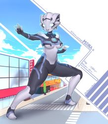 Rule 34 | 1girl, alien, blue eyes, building, character age, character name, clenched hand, commentary, english commentary, fighting stance, giant, giantess, highres, meen, open hand, original, solo, ultra series