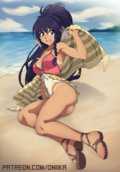 Rule 34 | 1girl, absurdres, antenna hair, armpits, ass, beach, bikini tan, black hair, blue eyes, braid, breasts, chuunioniika, cleavage, commentary, covered navel, dark-skinned female, dark skin, day, english commentary, fire emblem, fire emblem: the sacred stones, fire emblem heroes, full body, highleg, highleg swimsuit, highres, long hair, lying, medium breasts, nail polish, nintendo, o-ring, ocean, on side, open mouth, patreon username, sandals, side braids, smile, solo, strap gap, swimsuit, tan, tana (fire emblem), tana (summer) (fire emblem), tanline, toenail polish, toenails, toes, towel, twin braids