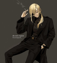 Rule 34 | 1girl, black jacket, black pants, black sweater, business suit, carrotsprout, chainsaw man, cigarette, eyepatch, closed eyes, formal, hand in pocket, highres, holding, holding cigarette, jacket, long hair, pants, ponytail, quanxi (chainsaw man), simple background, smoking, solo, suit, sweater, white hair