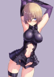 Rule 34 | 1girl, armor, armpits, arms up, bad id, bad pixiv id, brown hair, clothing cutout, elbow gloves, fate/grand order, fate (series), garutaisa, glasses, gloves, hair over one eye, highres, mash kyrielight, midriff, navel, navel cutout, purple eyes, short hair, simple background, smile, solo