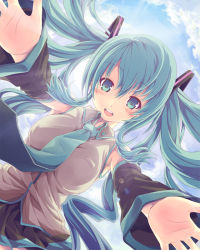 Rule 34 | 1girl, aqua eyes, aqua hair, blush, breasts, day, detached sleeves, foreshortening, from below, hatsune miku, incoming hug, large breasts, looking at viewer, necktie, open mouth, outstretched arms, outstretched hand, sisco, skirt, sky, smile, solo, twintails, vocaloid