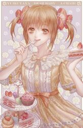 Rule 34 | 1girl, bow, brown eyes, brown hair, cake, cake slice, doily, dress, english text, floral print, floral print dress, flower, food, fork, hair bow, highres, holding, holding cake, holding food, holding fork, lace, lace-trimmed dress, lace bow, lace trim, macaron, puffy short sleeves, puffy sleeves, red bow, ry1115275908, short hair, short sleeves, short twintails, shugo chara!, smile, solo, strawberry cake, strawberry shortcake, sweets, tongue, tongue out, twintails, utensil in mouth, white flower, yellow bow, yellow dress, yuiki yaya