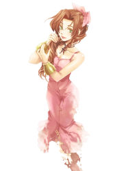Rule 34 | 1990s (style), 1girl, aerith gainsborough, bare shoulders, bracelet, brown hair, coco-nattou, dress, female focus, final fantasy, final fantasy vii, green eyes, jewelry, long hair, pink ribbon, ribbon, solo, white background