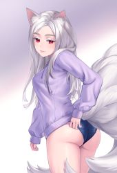 Rule 34 | 1girl, adjusting clothes, adjusting swimsuit, animal ears, ass, colored eyebrows, commission, fox ears, fox girl, fox tail, helloimtea, highres, jacket, kitsune, kyuubi, lips, long hair, looking at viewer, looking back, multiple tails, original, parted lips, purple jacket, red eyes, smile, solo, swimsuit, swimsuit under clothes, tail, wet, white hair