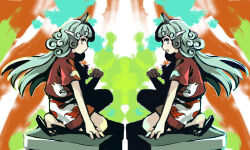 Rule 34 | 2girls, absurdres, closed mouth, commentary request, curly hair, green eyes, green hair, grey horns, highres, horns, kaigen 1025, komano aunn, long hair, multiple girls, on one knee, open mouth, paw pose, red shirt, red trim, sandals, shirt, short sleeves, shorts, single horn, smile, touhou, white shorts