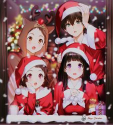 Rule 34 | 2boys, 2girls, :d, animal costume, antlers, black hair, blurry, blurry background, blurry foreground, blush, box, brown eyes, brown hair, chitanda eru, christmas, christmas tree, commentary, commentary request, depth of field, fukube satoshi, fur-trimmed headwear, fur trim, gift, gift box, hand up, hands up, hat, highres, horns, hyouka, ibara mayaka, long hair, looking at viewer, merry christmas, mery (yangmalgage), multiple boys, multiple girls, open mouth, oreki houtarou, purple eyes, red headwear, reindeer antlers, reindeer costume, santa costume, santa hat, short hair, signature, smile, symbol-only commentary