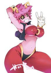 Rule 34 | 1girl, ashido mina, belly dancer, black sclera, boku no hero academia, breasts, colored sclera, colored skin, cosplay, gloves, grin, highres, horns, hot vr, large breasts, looking at viewer, navel, pink hair, pink skin, shantae, shantae (cosplay), shantae (series), short hair, simple background, smile, solo, stomach, v, white background, white gloves, yellow eyes