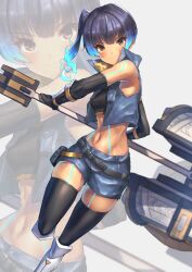 Rule 34 | 1girl, absurdres, black sports bra, blue hair, blunt bangs, breasts, brown eyes, chest jewel, closed mouth, commentary request, crop top, fiery hair, glowing lines, hakusai (hksicabb), hammer, highres, holding, holding hammer, leggings, looking at viewer, medium breasts, sena (xenoblade), shoulder strap, simple background, small breasts, smile, solo, sports bra, thighhighs, weapon, white background, xenoblade chronicles (series), xenoblade chronicles 3