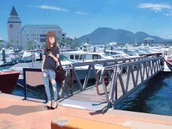 Rule 34 | 1girl, bag, bird, boat, brown hair, casual, cellphone, day, denim, hand in pocket, handbag, high heels, holding, holding phone, jeans, long hair, looking to the side, marina, original, outdoors, pants, phone, ripped jeans, sakeharasu, seagull, shirt, sky, solo, standing, t-shirt, taiwan, torn clothes, watch, watercraft, wristwatch