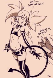 Rule 34 | 1girl, bad id, bad tumblr id, bat wings, belt, breasts, collar, demon girl, demon tail, disgaea, earrings, elbow gloves, english text, etna (disgaea), gloves, heart, heart-shaped pupils, highres, jewelry, makai senki disgaea, microskirt, monochrome, navel, open mouth, optionaltypo, pointy ears, prinny, skirt, skull earrings, small breasts, symbol-shaped pupils, tail, thighhighs, twintails, wings, zettai ryouiki