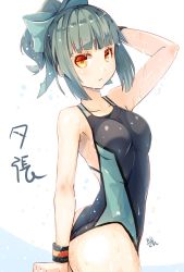 Rule 34 | 10s, 1girl, alternate costume, arm up, armpits, bare arms, bare shoulders, breasts, commentary request, competition swimsuit, from side, green hair, hand in own hair, kantai collection, looking at viewer, medium breasts, meth (emethmeth), one-piece swimsuit, orange eyes, ponytail, school swimsuit, simple background, solo, swimsuit, white background, yuubari (kancolle)