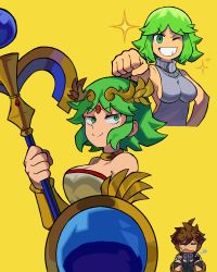 Rule 34 | 1boy, 1girl, absurdres, alternate hairstyle, bare shoulders, blush, breasts, brown hair, circlet, cleavage, dress, english text, gem, gold, green eyes, green hair, highres, jewelry, kid icarus, kid icarus uprising, large breasts, laurel crown, looking at viewer, looking to the side, multiple views, neck ring, necklace, nintendo, one eye closed, palutena, parted bangs, pit (kid icarus), rising (risingacetrainer), shield, short hair, sideboob, sigh, simple background, smile, solo, sparkle, staff, sweater, tiara, turtleneck, turtleneck sweater, v-shaped eyebrows, yellow background