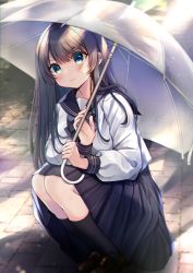 Rule 34 | 1girl, bad id, bad pixiv id, black bow, black bowtie, black hair, blue eyes, blunt bangs, blush, bow, bowtie, closed mouth, commentary request, day, full body, highres, holding, holding umbrella, long hair, long sleeves, looking at viewer, minami saki, original, outdoors, pleated skirt, pout, sailor collar, school uniform, serafuku, shadow, shirt, skirt, solo, squatting, umbrella, white shirt
