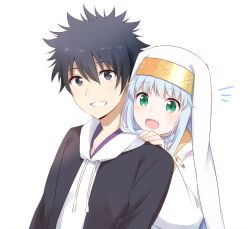 Rule 34 | 1boy, 1girl, :d, black eyes, black hair, black jacket, dress, green eyes, hand on another&#039;s shoulder, hood, hood down, hooded sweater, hoodie, index (toaru majutsu no index), jacket, kamijou touma, long hair, nemu mohu, open clothes, open jacket, open mouth, safety pin, silver hair, simple background, smile, spiked hair, sweater, toaru majutsu no index, upper body, white background, white dress, white hoodie, white sweater