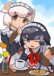 Rule 34 | 2girls, ;d, animal ears, black bow, blowhole, blue eyes, blush stickers, bottle, bow, commentary request, cookie, cup, flower, food, frills, grey eyes, grey hair, hair bow, highres, holding, holding tray, kemono friends, kemono friends 3, long sleeves, looking at viewer, maid, maid headdress, multicolored hair, multiple girls, narwhal (kemono friends), one eye closed, open mouth, pig (kemono friends), pig ears, plate, red neckwear, rinx, short hair, smile, teacup, tray, white hair